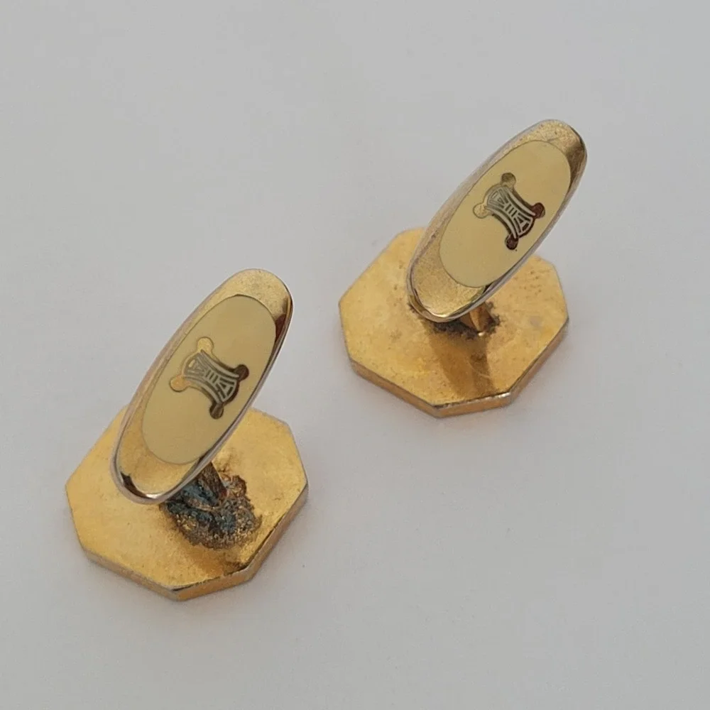 Celine Vintage Horse Carriage Logo Octagon Cufflinks Gold Tone Enamel Black Red